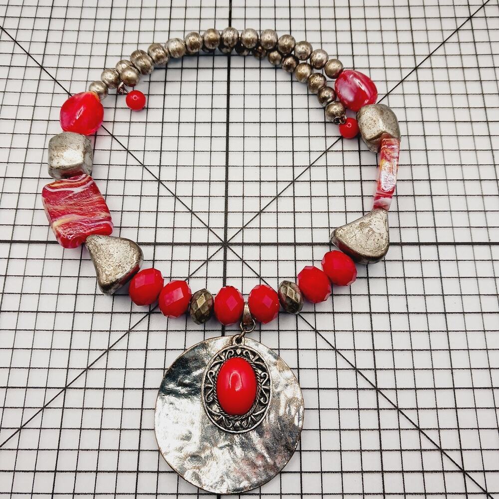 Necklace Statement Red Silver Tone Hammered Disc Pendant Boho Artisan Southwest